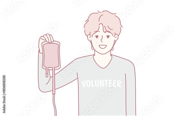Obraz Smiling man volunteer holding bag of blood donating to people in need. Happy male donor make good deed give blood in donation center. Vector illustration.