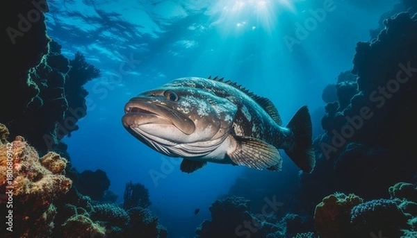 Fototapeta A large grouper fish swims through a vibrant, sunlit underwater environment.