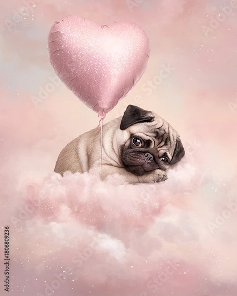 Fototapeta Cute pug with pink heart balloon on fluffy pastel clouds, adorable dog illustration for Valentine and love themes.