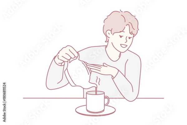 Obraz Young man sit at desk pouring tea in cup from kettle. Smiling guy enjoy warm coffee in mug at home. Vector illustration.