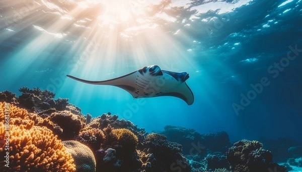 Fototapeta A majestic manta ray gracefully glides through sunlit, crystal-clear ocean waters.
