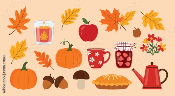 Fototapeta Large collection of cute autumn-themed elements including pumpkins leaves pie apples and a hot drink on a beige background.
