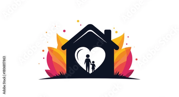 Obraz Caring home and family logo concept featuring a house silhouette with a heart shape enclosing a parent and child inside.