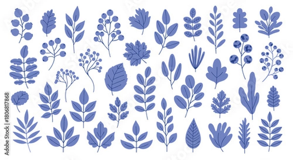 Fototapeta Large collection of stylized blue leaves branches and berries in a flat design style isolated on a white background.