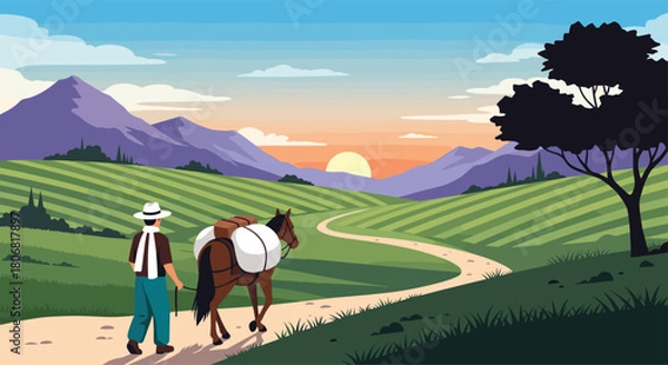 Fototapeta Beautiful rural landscape at sunset with a farmer in a traditional hat leading a mule along a path through green fields.