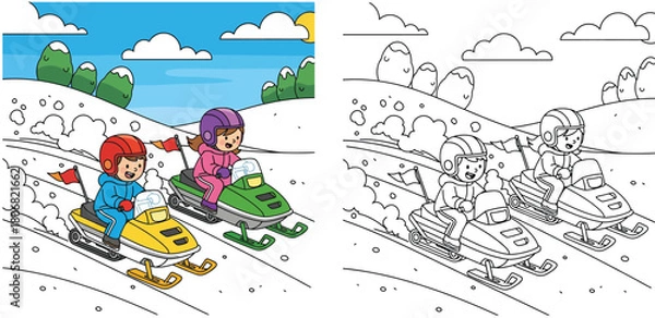 Fototapeta Coloring book page for kids with color guide featuring happy children riding snowmobiles in a winter mountain landscape. Vector cartoon illustration of a boy and girl playing in the snow.