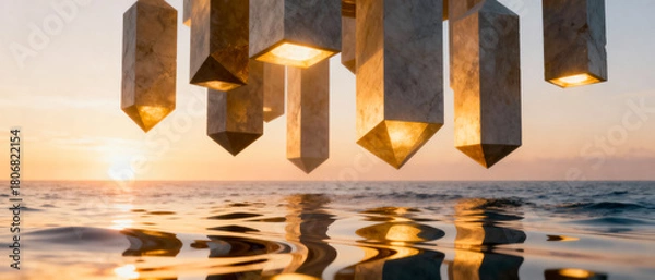 Obraz Floating illuminated crystal pillars hovering above ocean water at golden sunset
