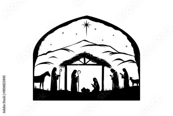 Obraz Nativity scene silhouettes with frame