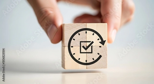 Fototapeta Hand holding a wooden block with a clock and checkmark icon representing time management and task completion