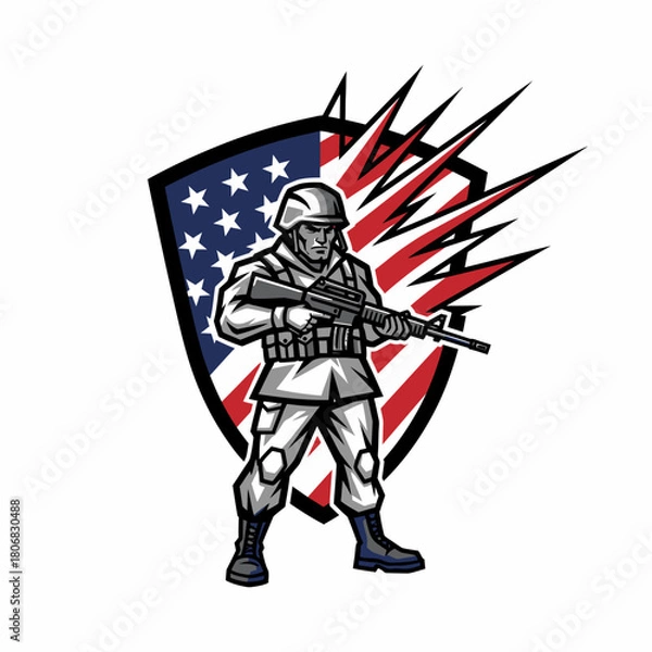 Obraz Vector illustration of soldier with american flag shield badge design template