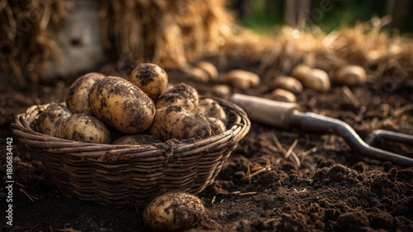 Fototapeta 収穫されたばかりのじゃがいもと籠
