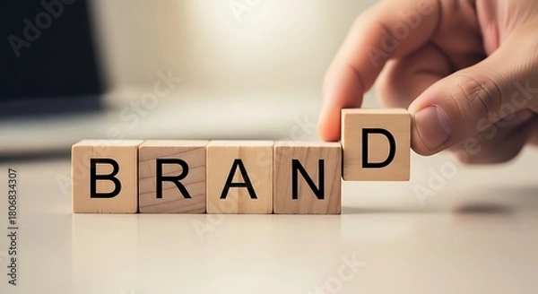 Fototapeta Hand placing the last letter block to complete the word brand, symbolizing brand building and identity