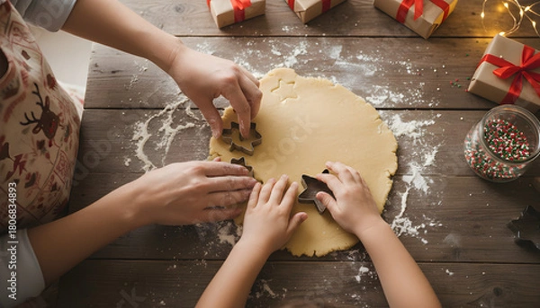 Fototapeta Top-down view of hands making Christmas cookies with cutters