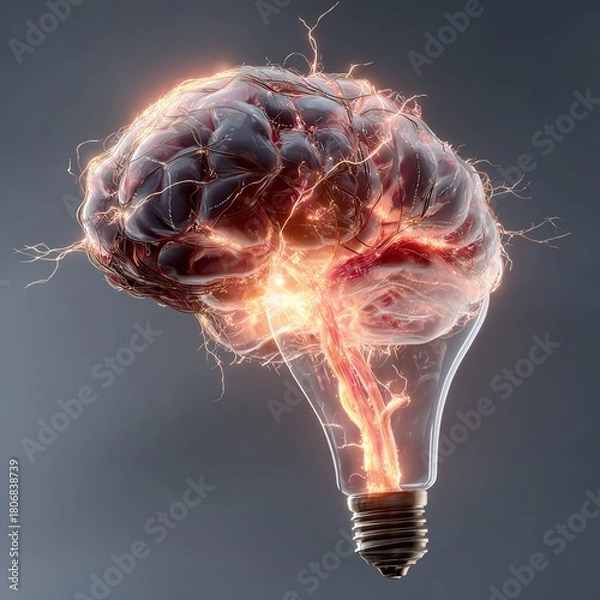 Obraz Brightly illuminated human brain linking to a radiant light bulb