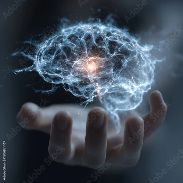 Obraz Futuristic digital brain hovering above a human hand