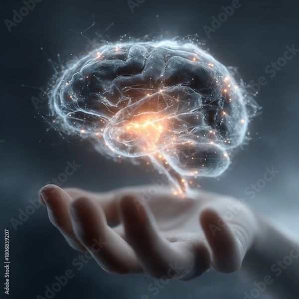 Obraz Futuristic digital brain hovering above a human hand