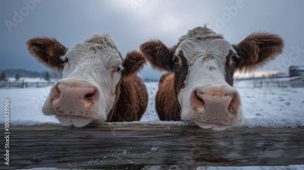 Fototapeta 冬の牧場で二頭の牛が柵越しにこちらを覗く様子