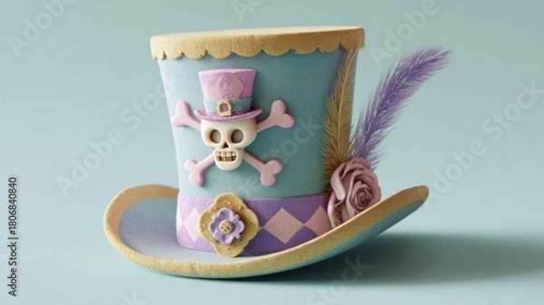 Fototapeta Pastel-colored top hat with skull and feather