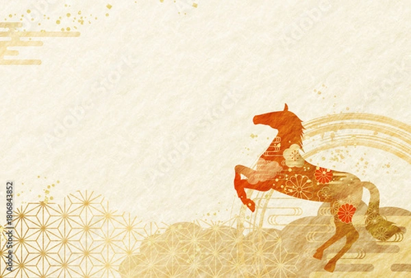 Obraz 2026年　午年の年賀状　和柄　和紙の背景