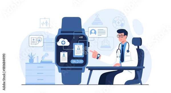 Obraz Medical professional interacting with health data displayed on a smart watch interface showing