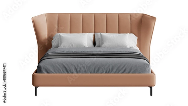 Obraz Front view of a bed with a comforter and pillows on an isolated background.
