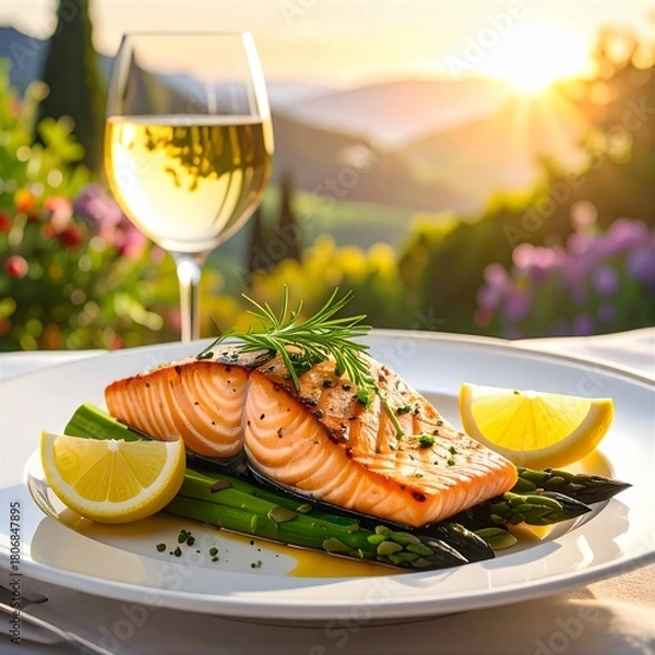 Obraz Köstliches gegrilltes Lachsfilet und Spargel, dahinter ein mit einem Glas Weißwein in natürlicher Umgebung