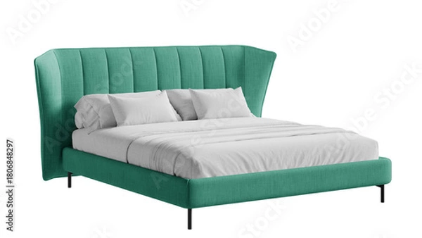 Fototapeta Modern double bed with bedding on an isolated background.

