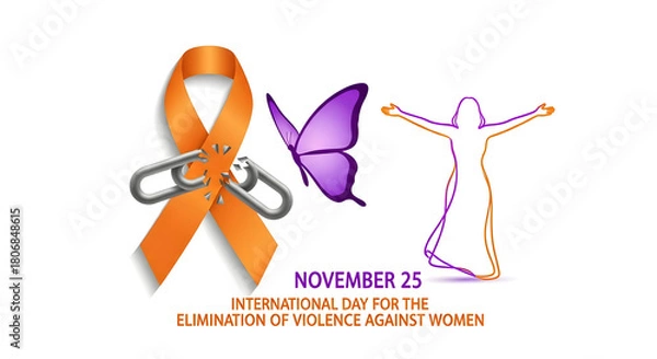 Obraz International Day for the Elimination of Violence Against Women illustration featuring an orange ribbon with broken chains a butte