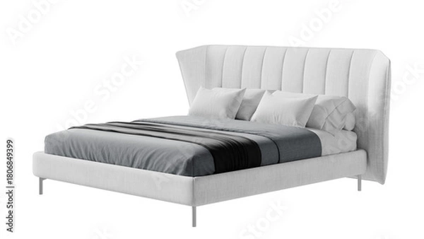 Fototapeta White bed with a comforter and pillows on an isolated background. 