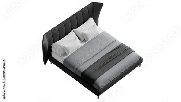 Fototapeta Modern black double bed with bedding on an isolated background.
