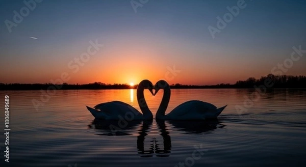 Fototapeta Two Swans Forming a Heart Shape on a Lake at Sunset.
