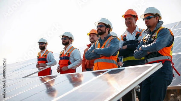 Fototapeta A group of six workers in safety gear stands confidently near solar panels in a sunny location. They are engaged in discussions about renewable energy efforts