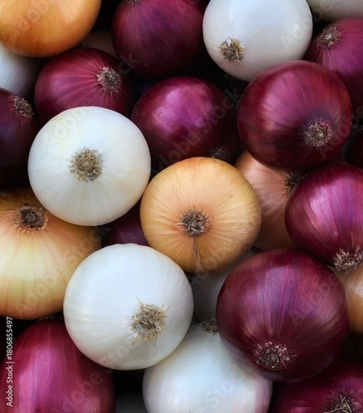 Fototapeta Background with different types of onions - white, red, yellow omions close-up view. Natural vegetable texture