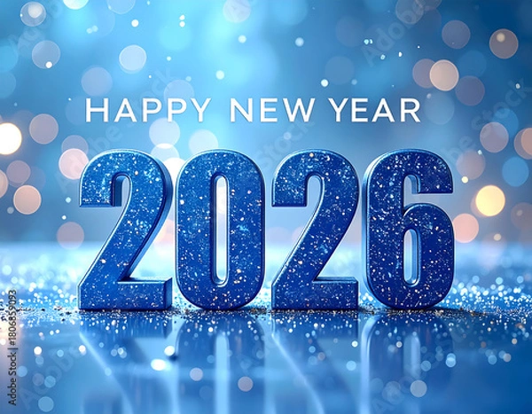 Obraz Vibrant Blue Happy New Year 2026 Celebration with Sparkling Bokeh Lights and Glitter
