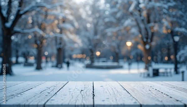 Fototapeta Empty white table top on bokeh background Snowy bokeh park landscape