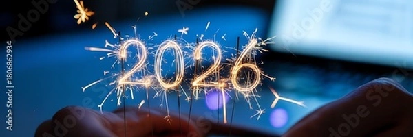 Fototapeta Illustration of sparkling 2026 number with sparklers for new year celebration