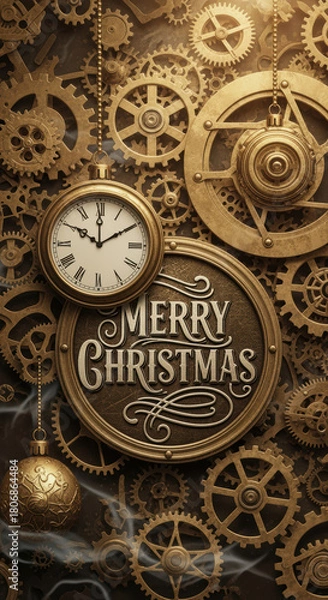 Fototapeta Nostalgic steampunk christmas greeting with vintage clock and mechanical gears creating festive holiday background