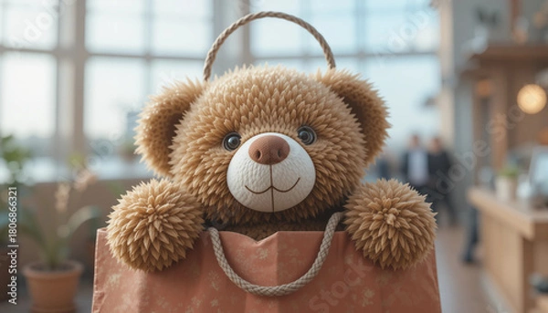 Obraz Teddy bear peeking out of paper shopping bag in bright indoor setting