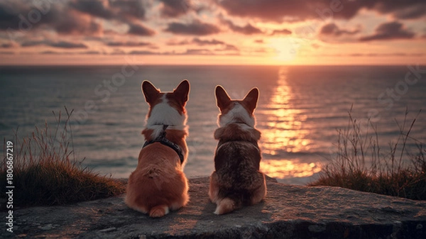 Fototapeta 岩場の上で二匹のコーギーが、沈む夕日を静かに見送る情景