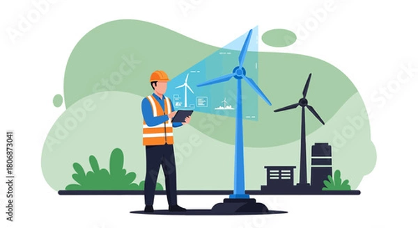 Fototapeta Engineer using tablet with wind turbine holographic display for renewable energy maintenance