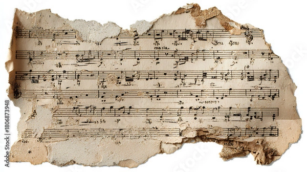 Obraz Torn corner of faded music sheet, old vintage ripped paper scrap with notes isolated for design