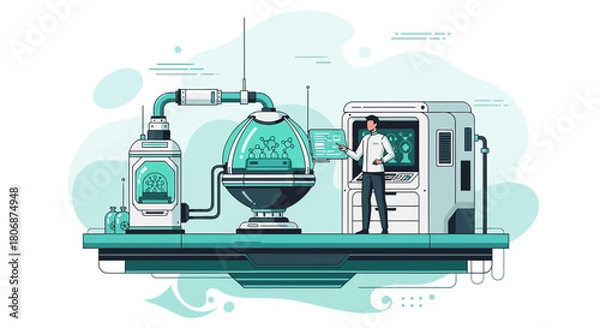 Obraz Futuristic laboratory scene featuring scientist and advanced research equipment installation