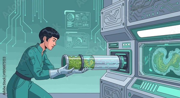 Fototapeta Futuristic laboratory technician analyzing plant specimen using advanced technology interface