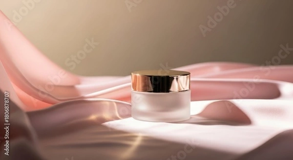 Obraz Close up of a cosmetic jar with golden lid on a pink satin fabric