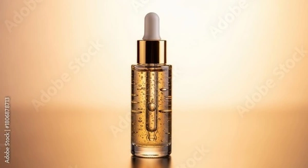 Obraz Close up of a serum bottle with bubbles on a gold gradient background