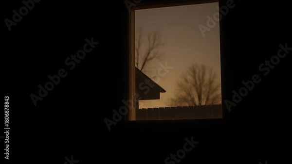Fototapeta temporary. Temporary light glowing in an empty house window during dusk. real-estate listings, architecture portfolios, designed for real-estate listing and luxury residence showcases.