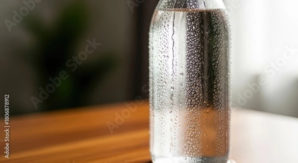 Obraz Close up of a water bottle with condensation on a wooden surface indoors