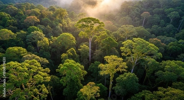Obraz Aerial view of a dense green rainforest canopy with morning sunlight