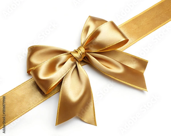 Obraz Golden Satin Ribbon Bow on White Background – Elegant Gift Decoration
