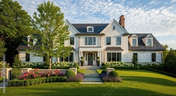 Obraz View of a large two story house with manicured lawn and flower gardens